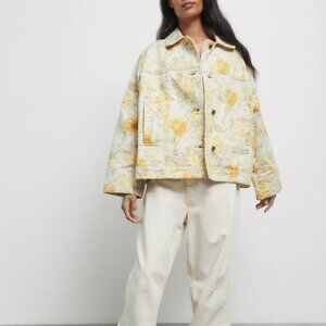 Denim Jacket Shacket Yellow Denim 70s Floral Vintage NEW